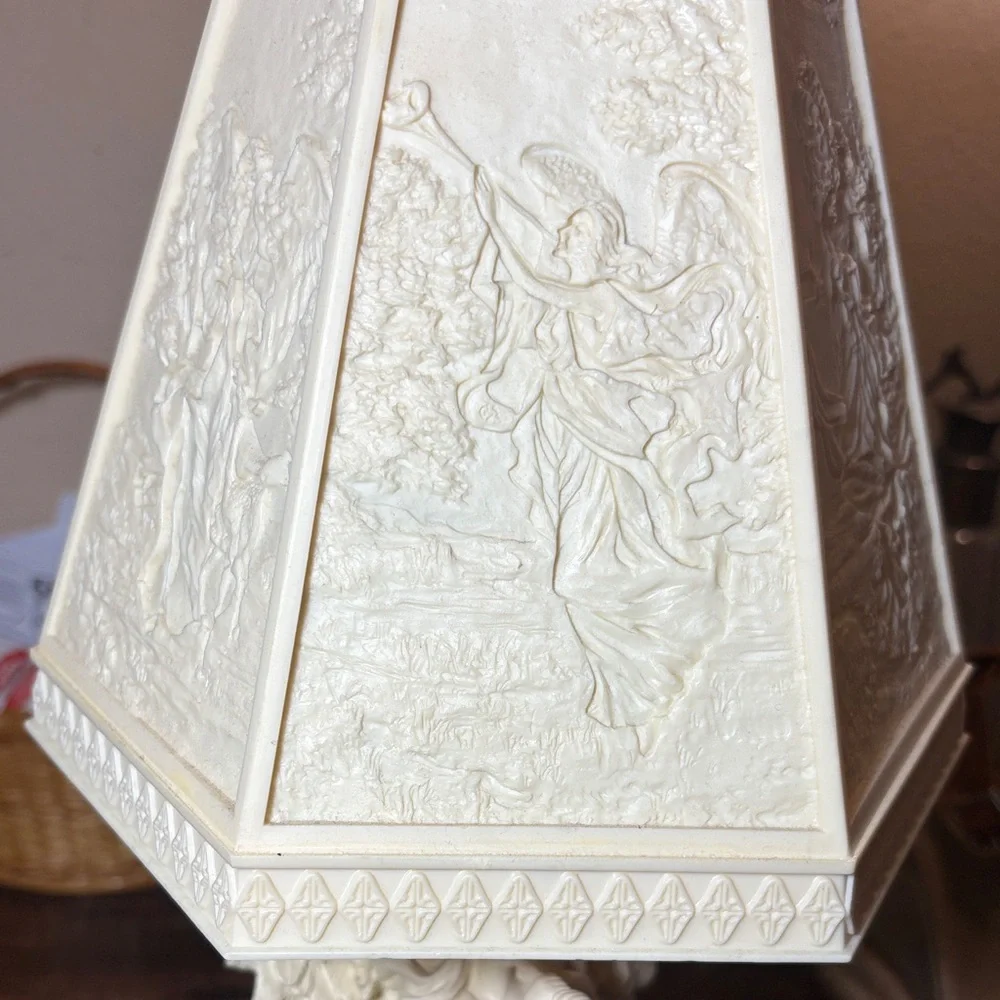 Vintage Angel Table Lamp Cream White Relief Shade Cherub Base Cottage Decor